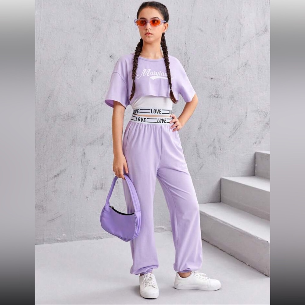 SHEIN Teen Girls Letter Graphic Tank Top & Tee & Jogger Pants- Purple